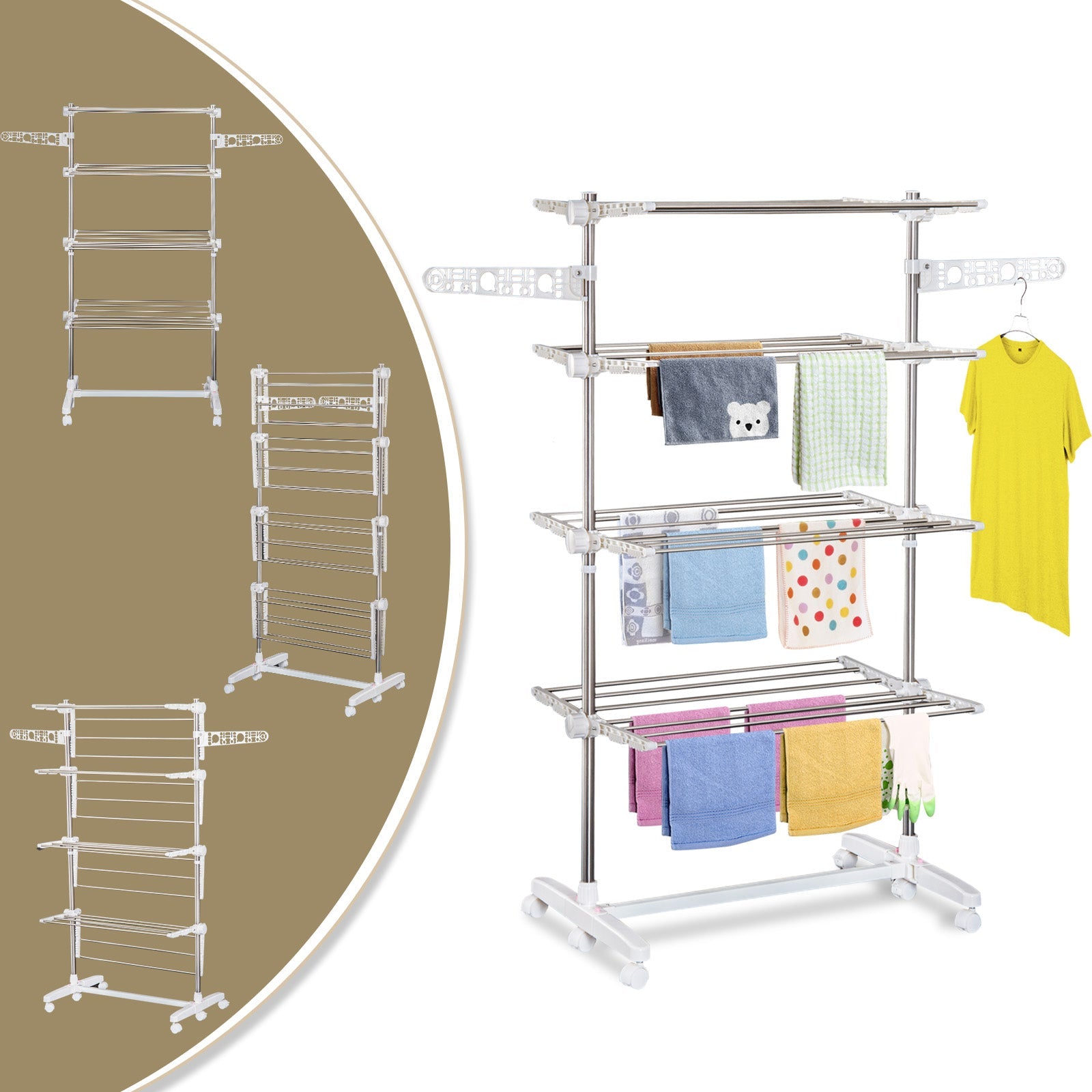HOMCOM laundry drying rack Rolling Foldable Clothes Drying Rack Heavy-Duty Towel Holder w/ 4 Layers Stainless Steel Hanging Rods 