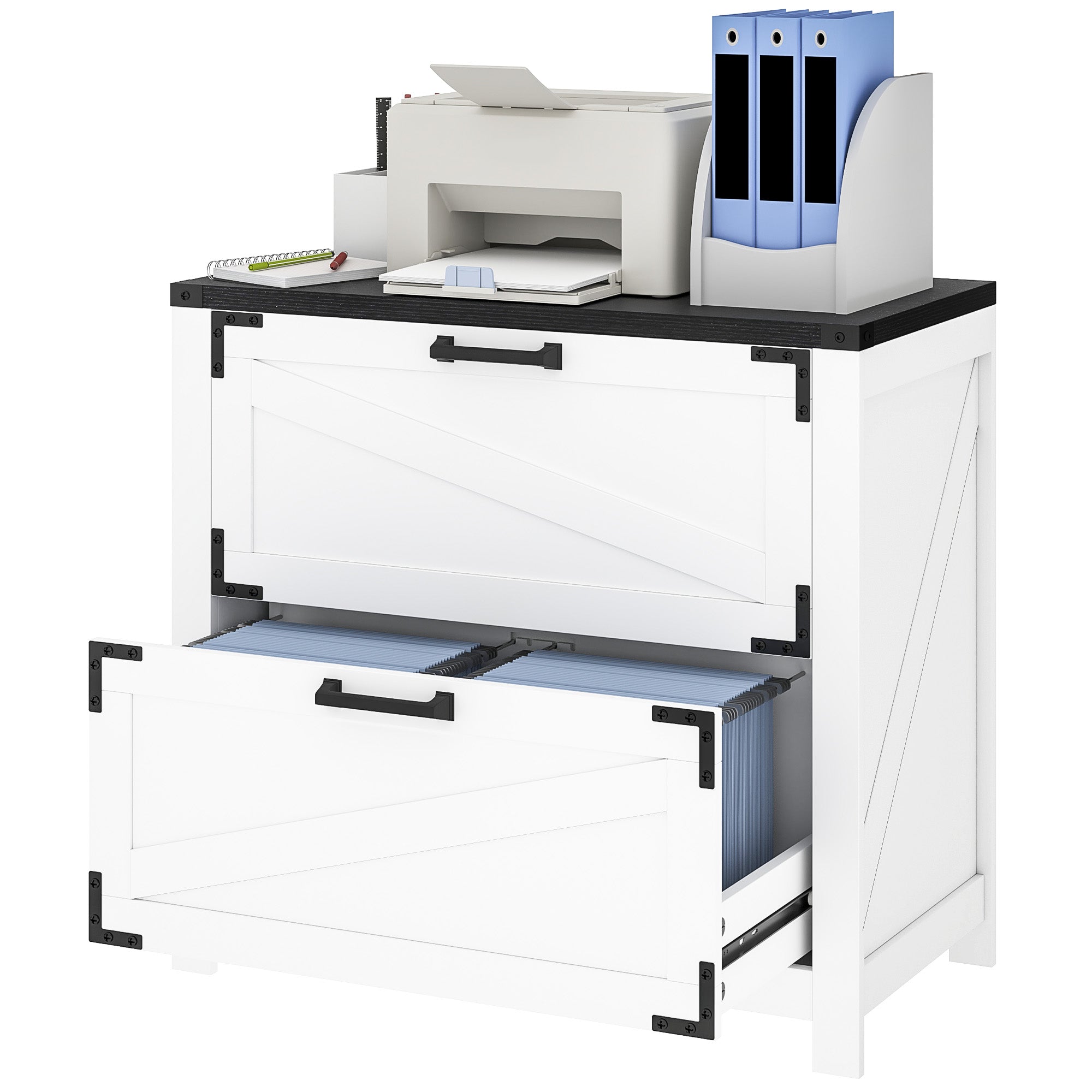 HOMCOM 2 Drawer Filing Cabinet, Farmhouse Office Storage Cabinet with Adjustable Hanging Bars for Letter, A4, Legal Size, White 