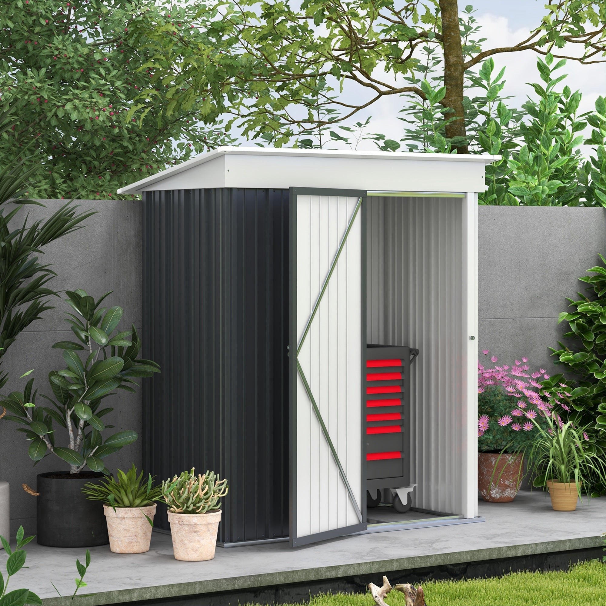 Outsunny Outdoor Storage Shed, Steel Lean-to Shed with Adjustable Shelf, Lock, Gloves, 5'x3'x6', Dark Grey 
