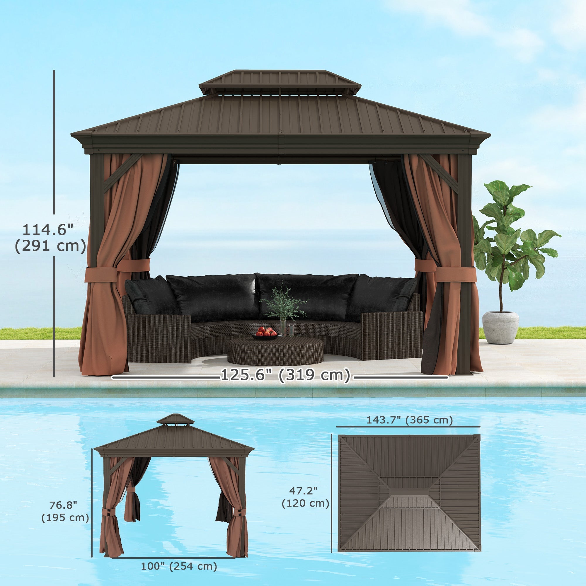 Outsunny 10' x 12' Outdoor Hardtop Gazebo with Galvanized Canopy & Netting Sidewalls for Lawn, Backyard, Dark Brown 