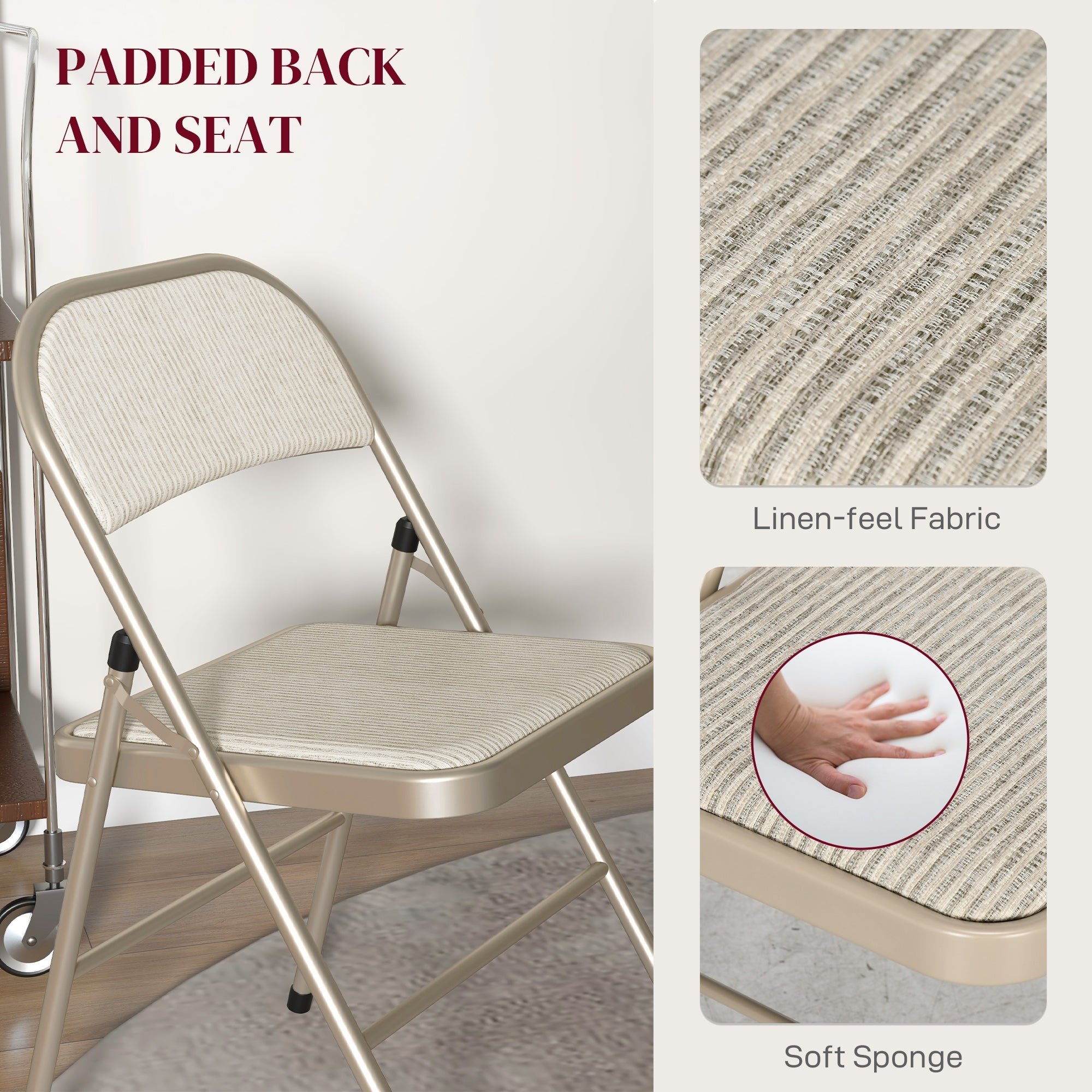 HOMCOM Set of 4 Metal Foldable Chairs, Linen Fabric Padded Folding Chairs with Cushion Seat and Open Back for Indoor, Beige 