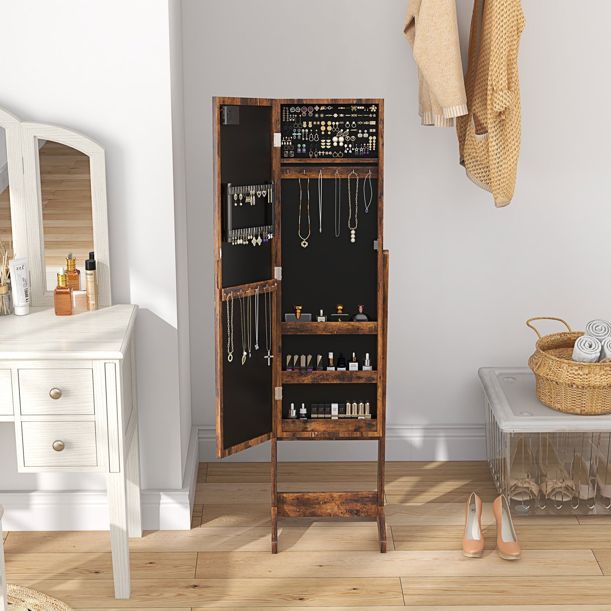 HOMCOM Freestanding Armoire Jewelry Cabinet Lighted Mirror Angle Adjustable 16 LED Lights Rustic Brown 