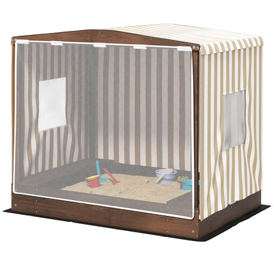 Qaba Kids Sandbox with Full Covered Canopy, Bench Seats, Bottom Liner, for Ages 3-6, 56" x 40" x 52", Brown 