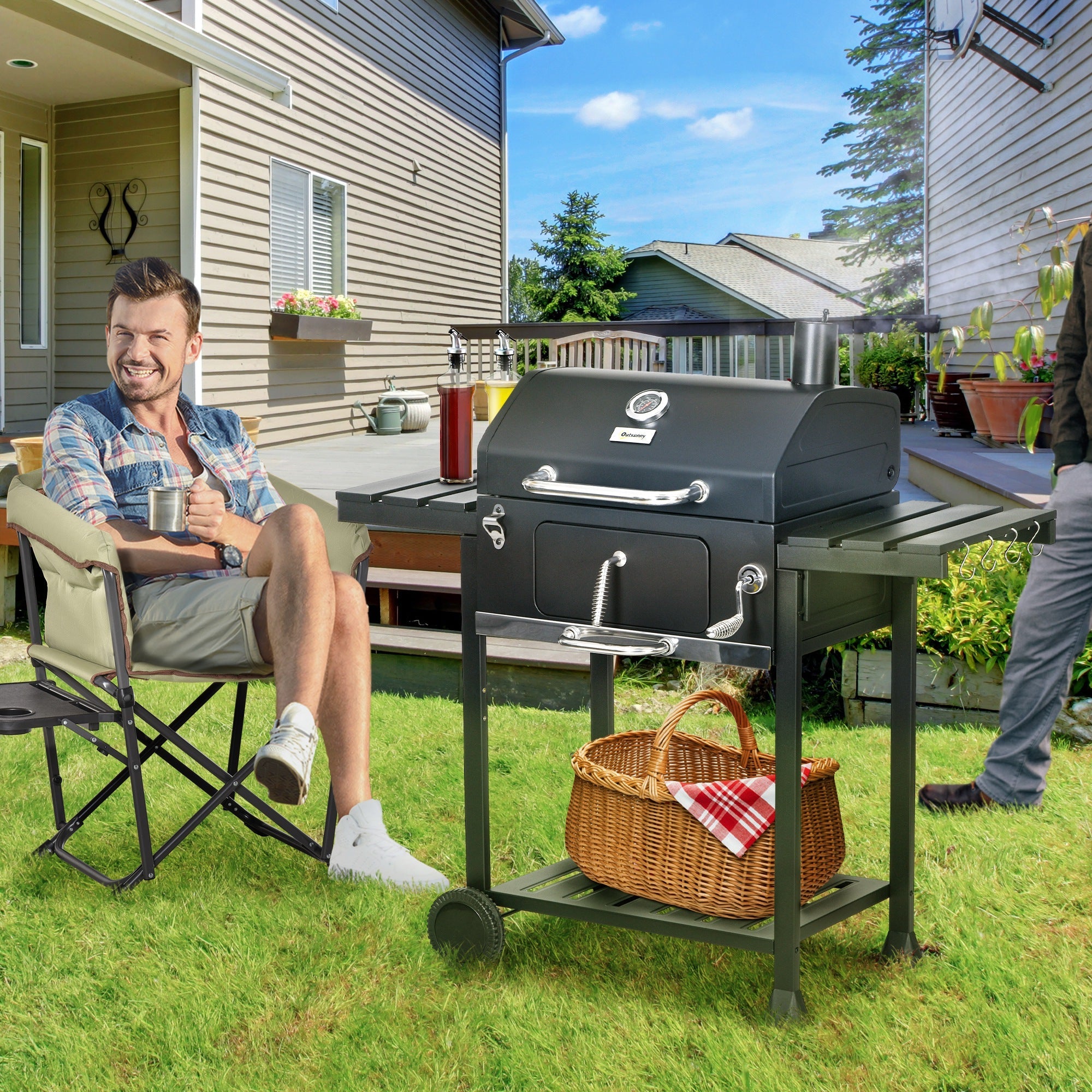 Outsunny Charcoal BBQ Grill Smoker, Adjustable Charcoal Pan, Galvanised Steel, Barbecue Trolley with Storage, Outdoor Cooking 