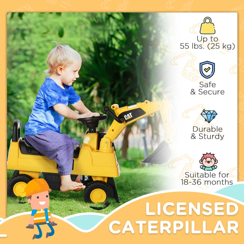Aosom Kids Excavator Ride on Toy CAT Licensed with Manual Shovel, Horn, Hidden Storage for 18-36 Months, Yellow