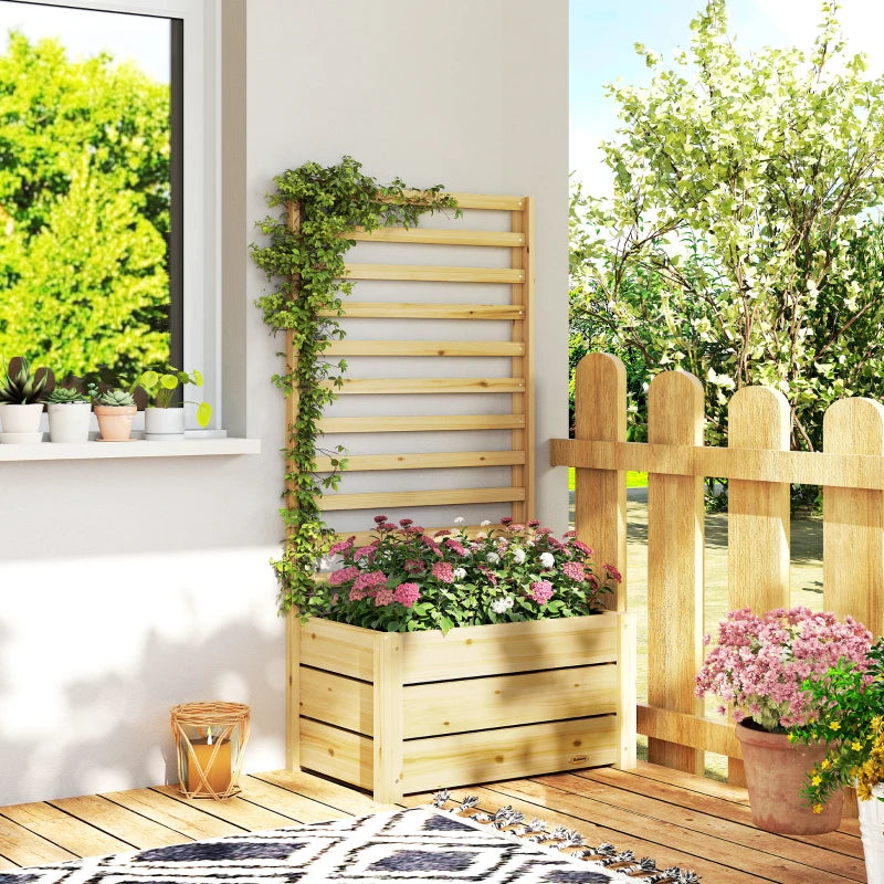 Wooden Raised Garden Bed with Trellis, Outdoor Elevated Planter Box with Drainage Hole and Bed Liner