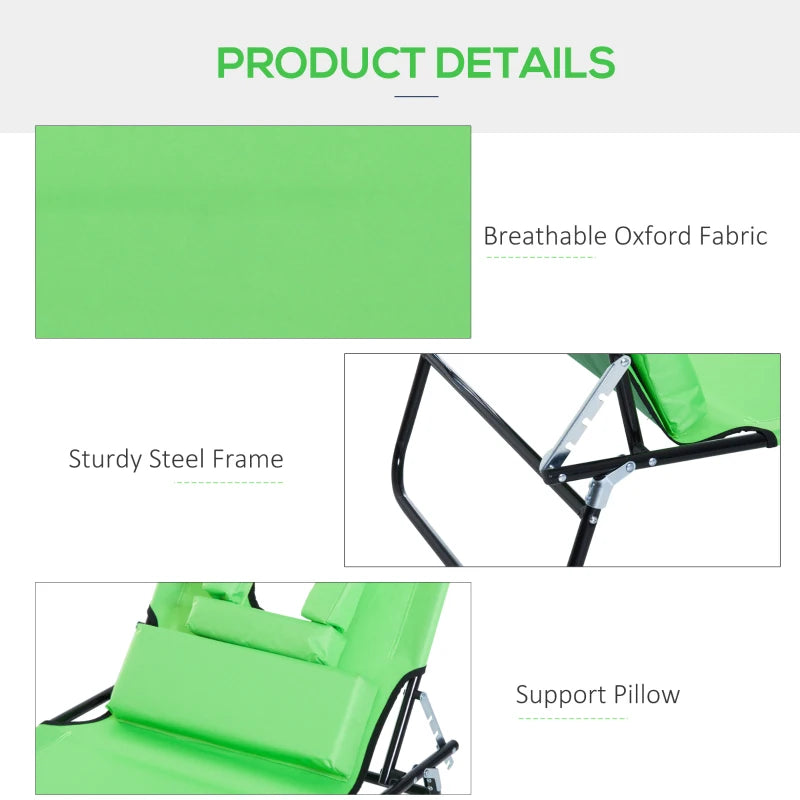 Adjustable Outdoor Lounge Chair, Garden Folding Chaise Lounge with Face Hole Reclining Tanning Chair Seat, Folding Camping Beach Lounging Bed w/ Support Pillow, Green