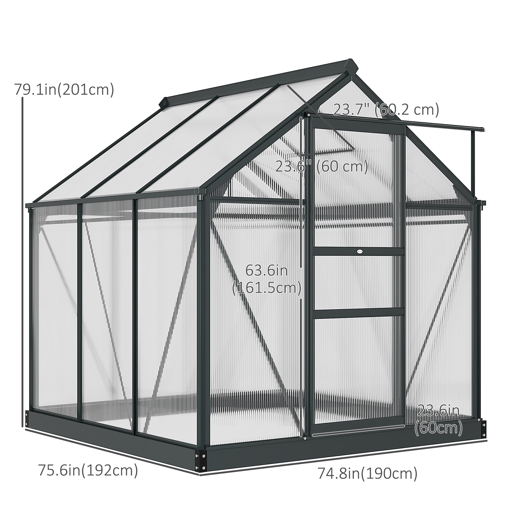 Outsunny Polycarbonate Greenhouse Kit 6.2'x6.3'x6.6' with Sliding Door, Sturdy Frame for Outdoor Gardening - Grey 