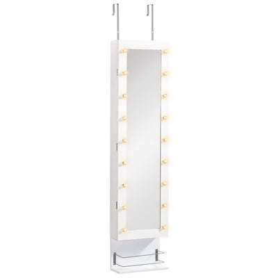 HOMCOM Wall-Mounted Jewelry Armoire: With LED Lights, Over-The-Door Mirror Storage Shelves 