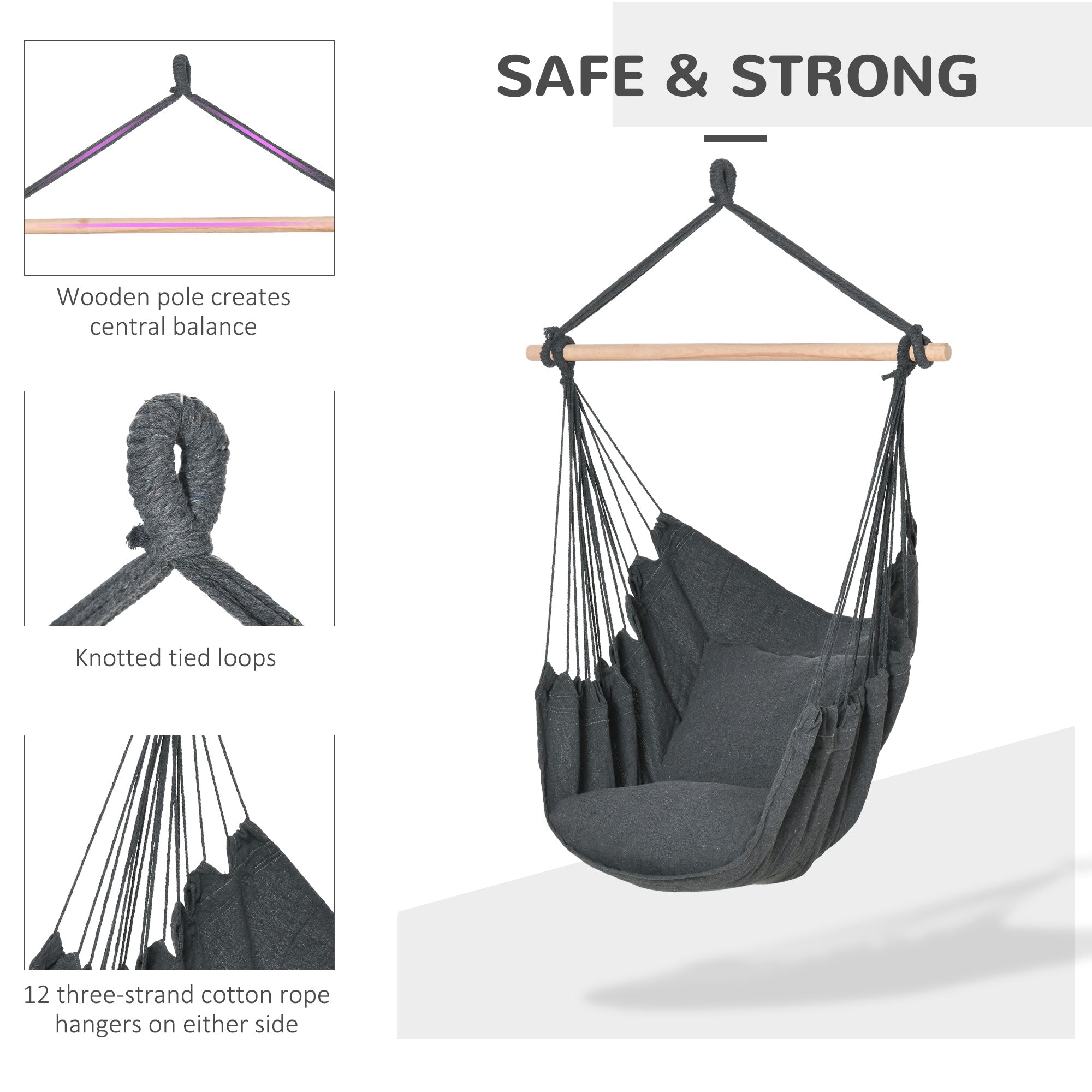 Outsunny Hammock Chair Hanging Rope Swing w/ Two Soft Seat Cushions for Bedroom Indoor Outdoor Dark Grey 