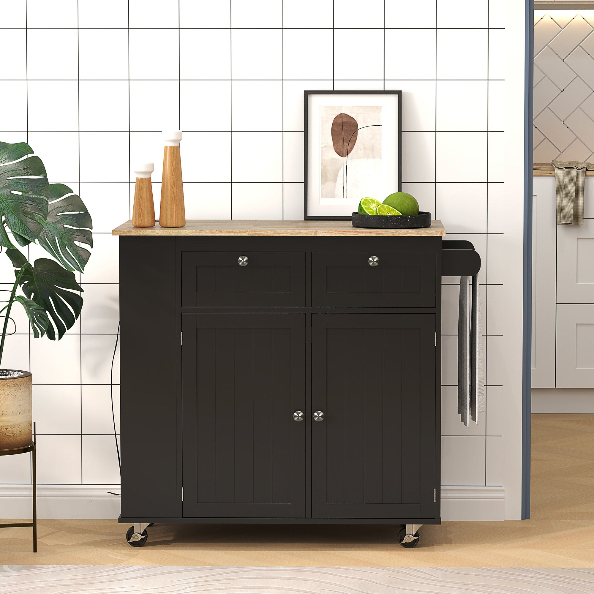 HOMCOM Kitchen Island with Power Outlet and Drop Leaf, Rolling Kitchen Cart with 2 Drawers and Adjustable Shelves, Black 