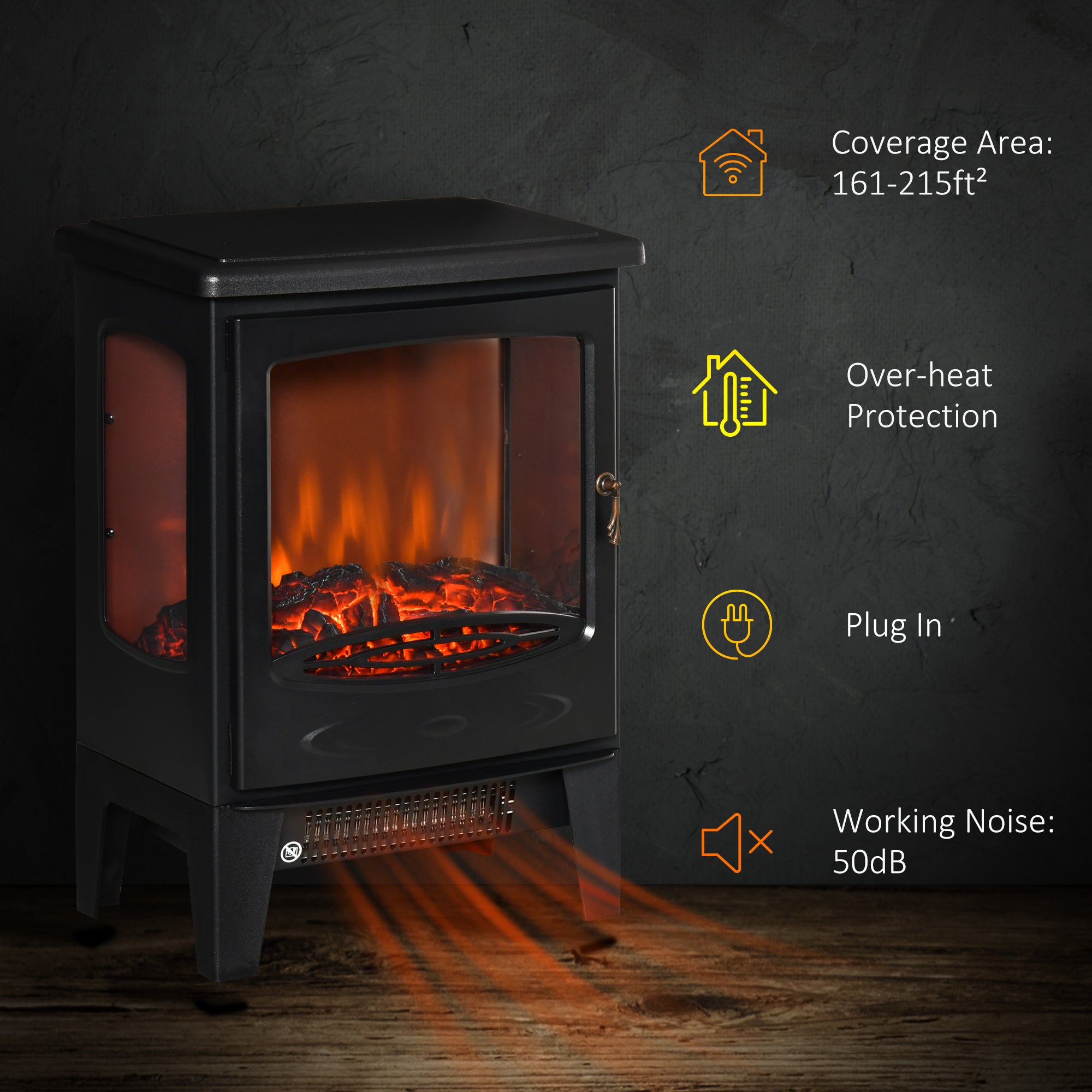 HOMCOM Electric Fireplace Heater, Freestanding Fireplace Stove with Realistic Adjustable Flame Effect and Adjustable Temperature 