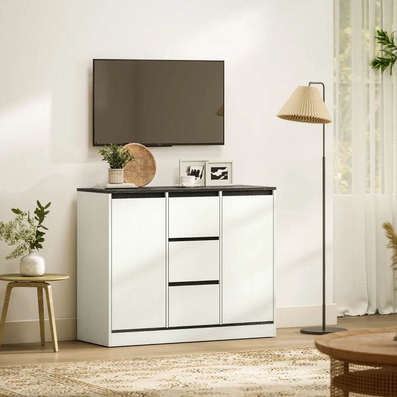 Buffet Cabinet with Soft-Close Hinges, Modern Sideboard with 3 Drawers and 2 Adjustable Shelves, White Wood Grain