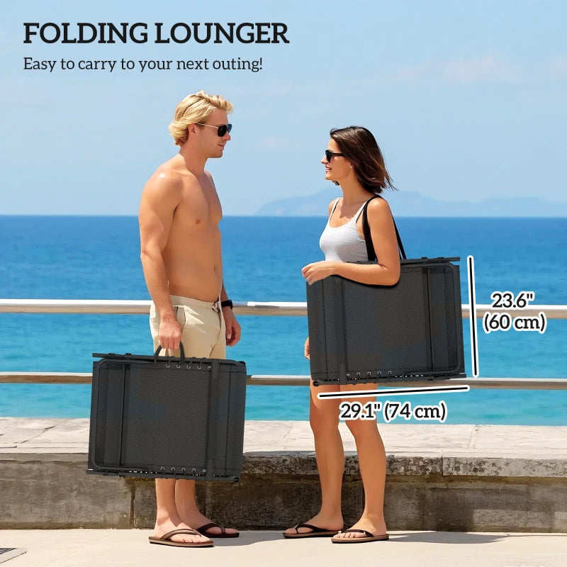 Outdoor Lounge Chair Set of 2, Folding Chaise Lounge Tanning Chair with Cushion, Side Pocket, Black/Grey
