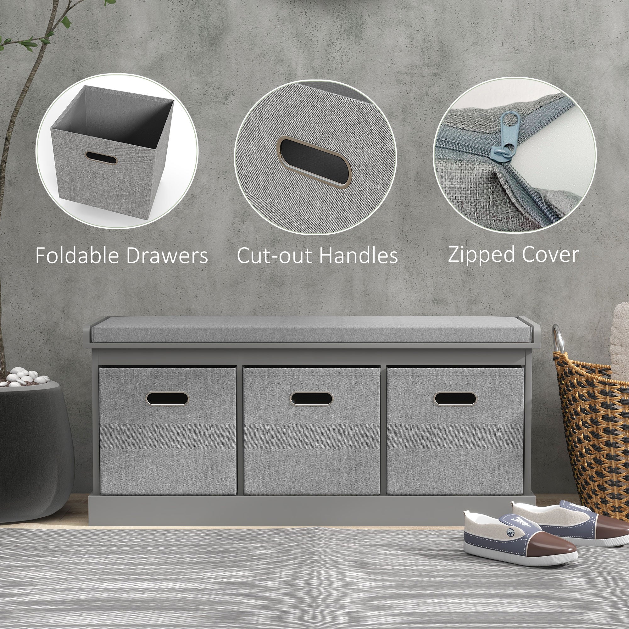 HOMCOM Shoe Storage Bench with Seat, Entryway Bench Seat with Cushion, 3 Fabric Drawers for Hallway, Grey 