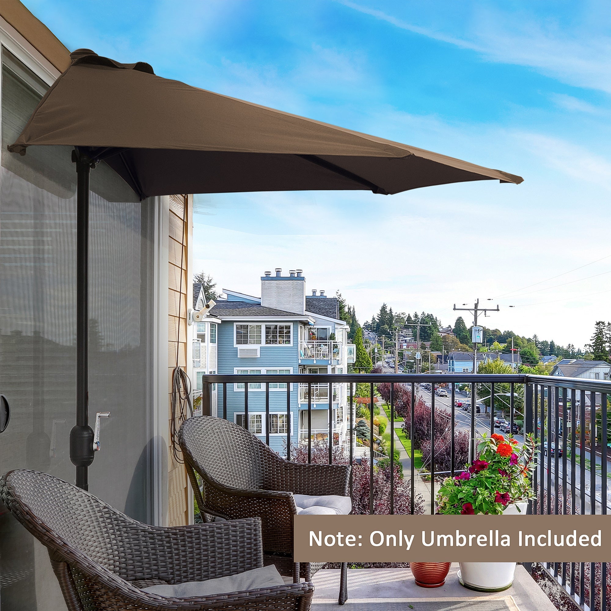 Outsunny 9ft Half Round Umbrella Outdoor Patio Garden Balcony Parasol Window Sun Shade w/ 5 Ribs Coffee 