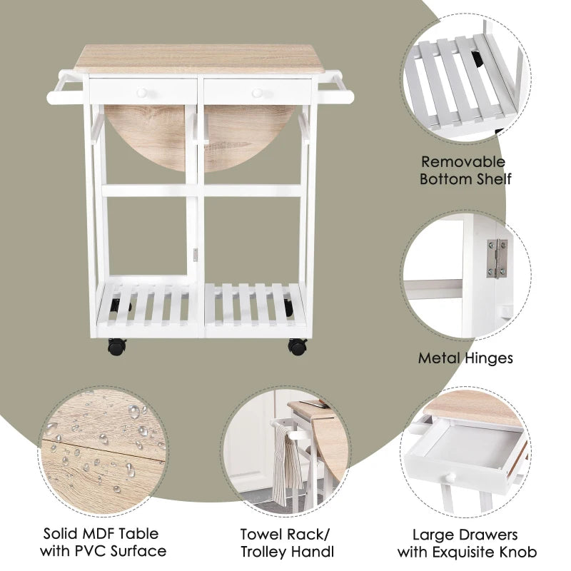 Kitchen Trolley 3 Piece Kitchen Cart Set Drop Leaf Breakfast Table and 2 Stools w/ Rolling Wheels & Towel Bars, Wood & White