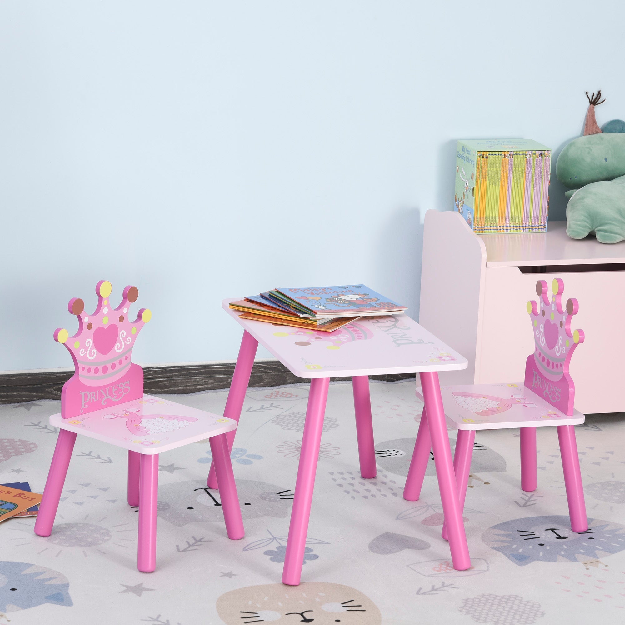 Qaba Petite Princess: 3-Piece Wooden Table and Chair Set with Crown Pattern, Pink Finish for Girls 