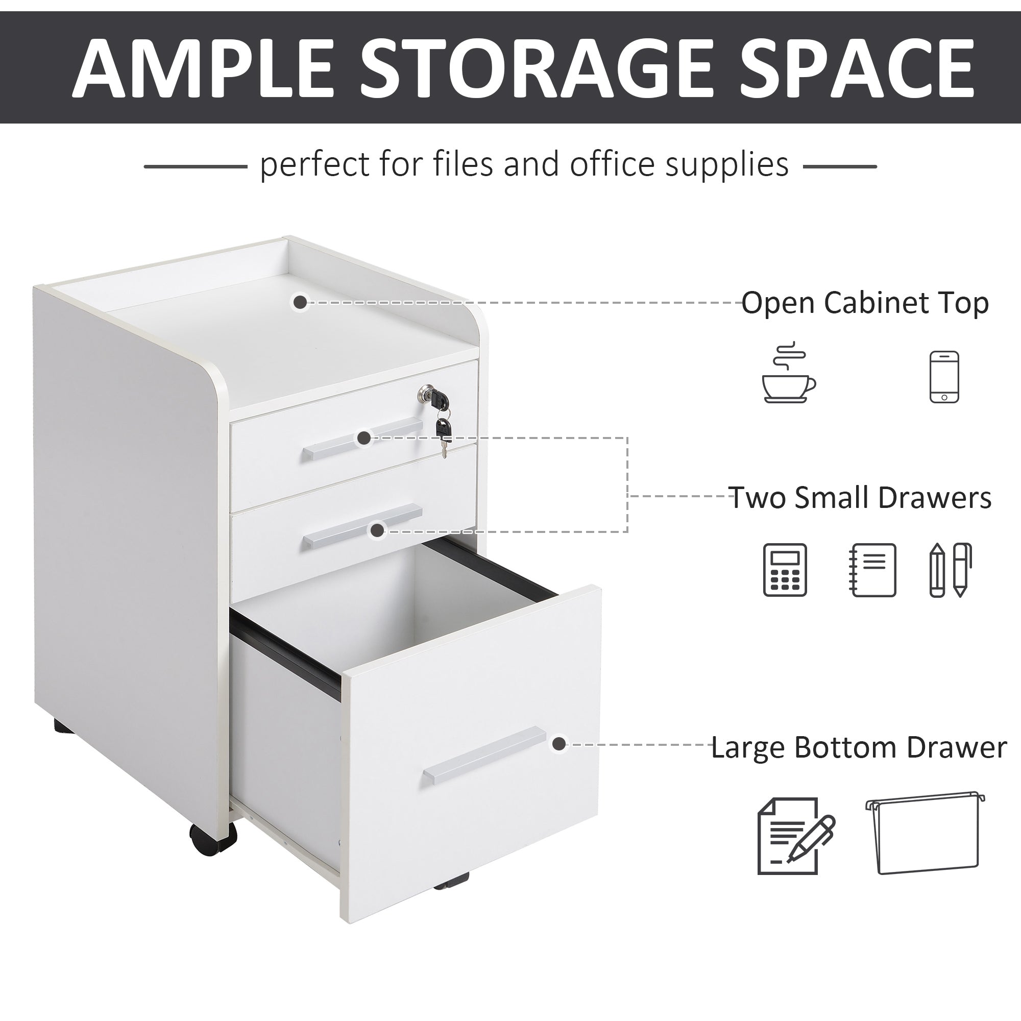 HOMCOM Mobile Filing Cabinet: 3-Drawer Vertical Unit with Lock & Wheels for Letter/Legal Docs, White 