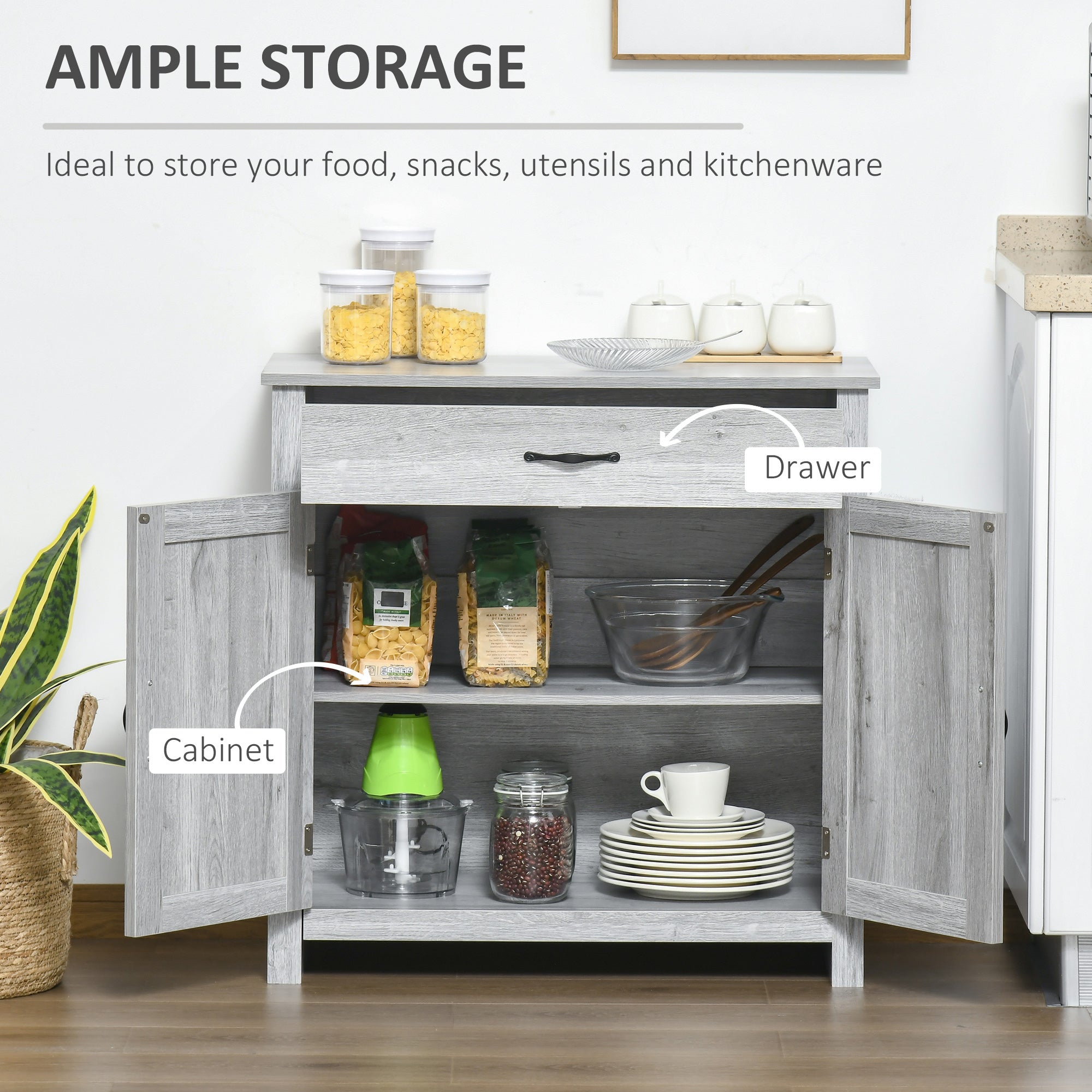 HOMCOM Farmhouse Grey Barn Door Cabinet: Accent Buffet Storage Sideboard Coffee Bar for Living Room, Entryway, Grey Grain Finish 