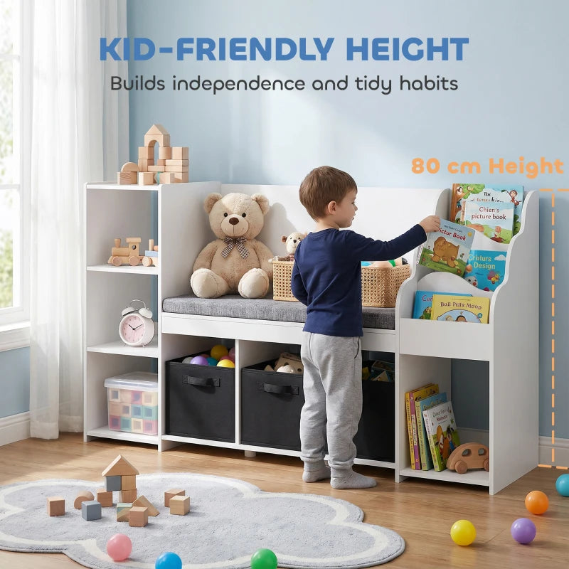 Qaba Kids Storage Shelf with Reading Nook, Toy Organizer with Cushion Seat, Bookshelf, 4 Cubbies & 3 Fabric Drawers for Playroom and Nursery