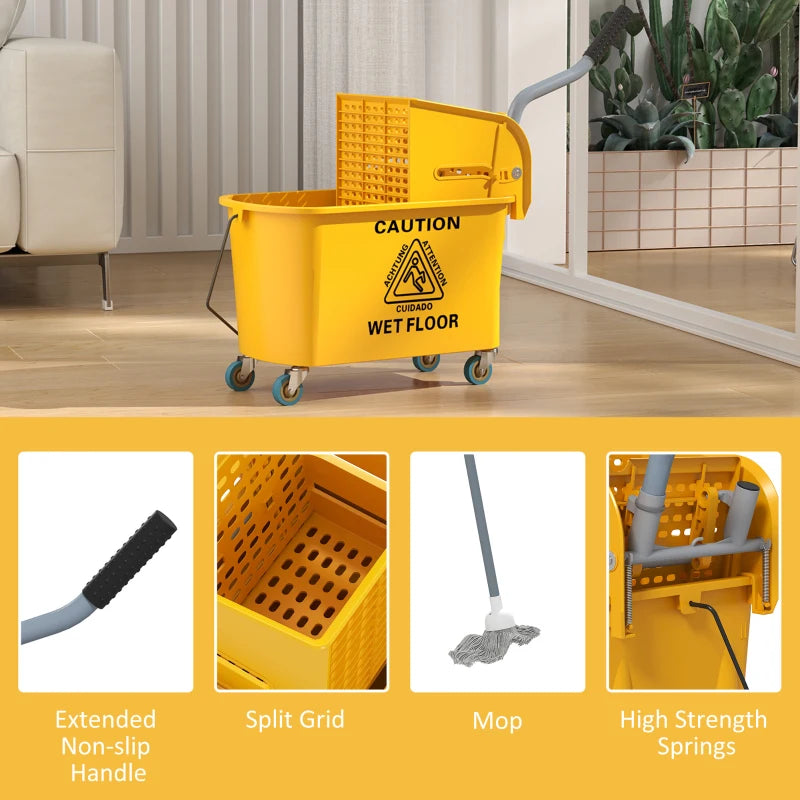 Mop Bucket with Wringer on Wheels for Floor Cleaning, 21 Quart Side Press Wringer with Handle and Mop, Yellow