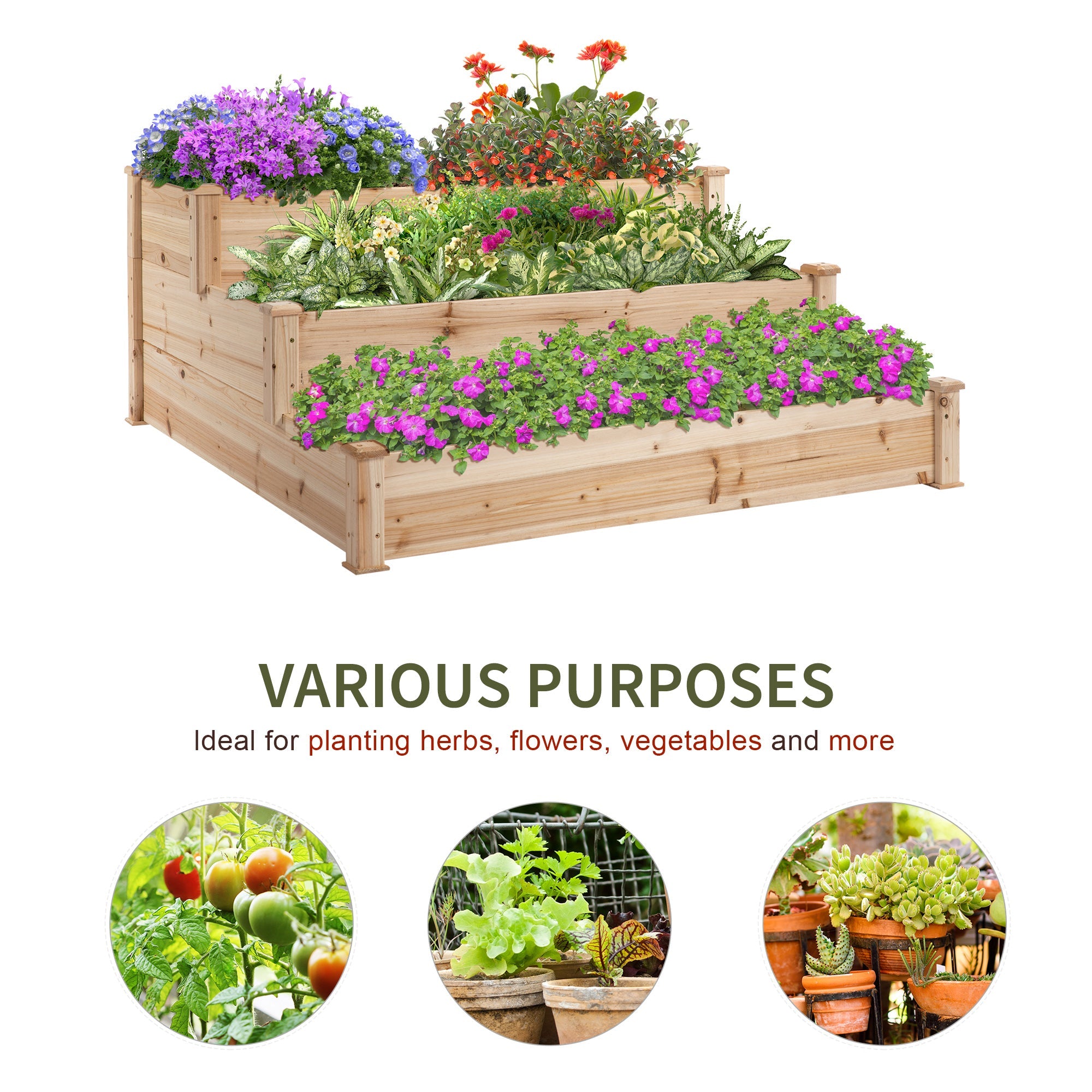 Outsunny Raised Garden Bed 49"x49"x22" 3-Tier Wooden Planter Elevated Stand Yard Patio 
