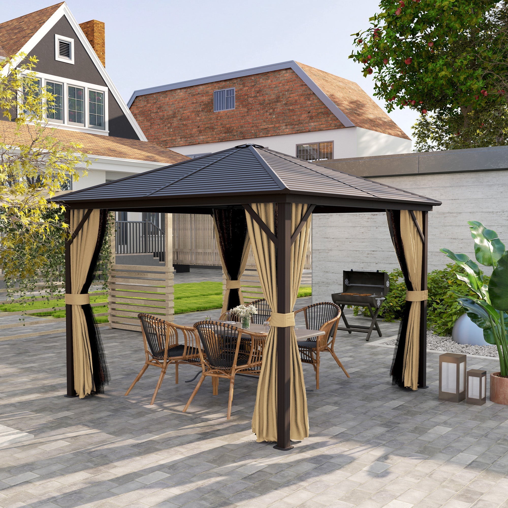 Outsunny 10' x 10' Hardtop Gazebo Outdoor Aluminum Gazebo Canopy with Mosquito Netting, Curtains, Hanging Hook, Brown 