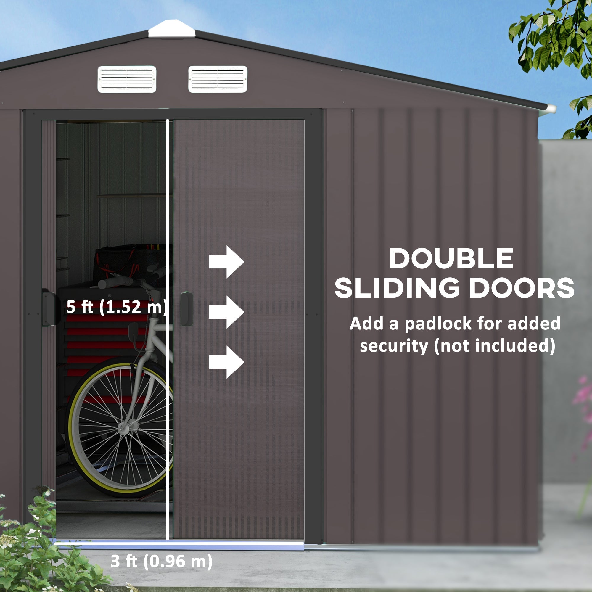 Outsunny 9' x 10.6' Garden Storage Shed w/ Foundation Kit Metal Tool Storage House w/ Double Doors Brown 
