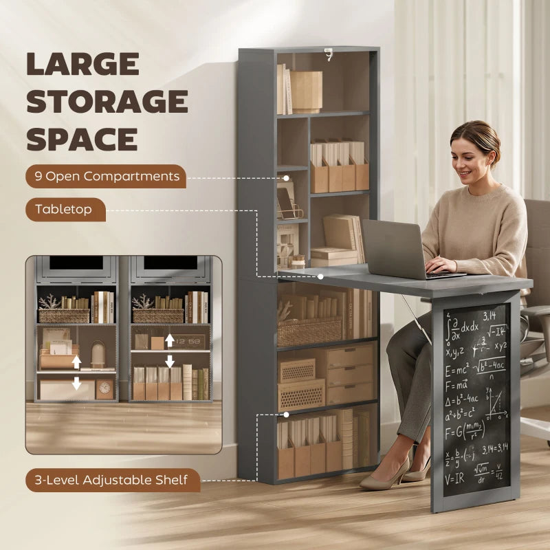 Fold-out Convertible Office Desk, Wall Mount Computer Desk with Blackboard and Side Shelf, Charcoal Grey