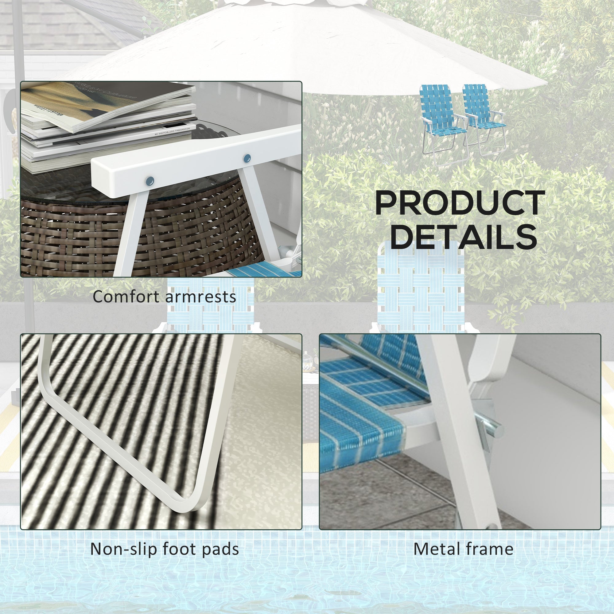 Outsunny Set of 2 Folding Patio Chairs, Classic Portable Chair Set, Outside Chairs with Armrests for Camping, Garden, Pool, Beach, Backyard, Blue 