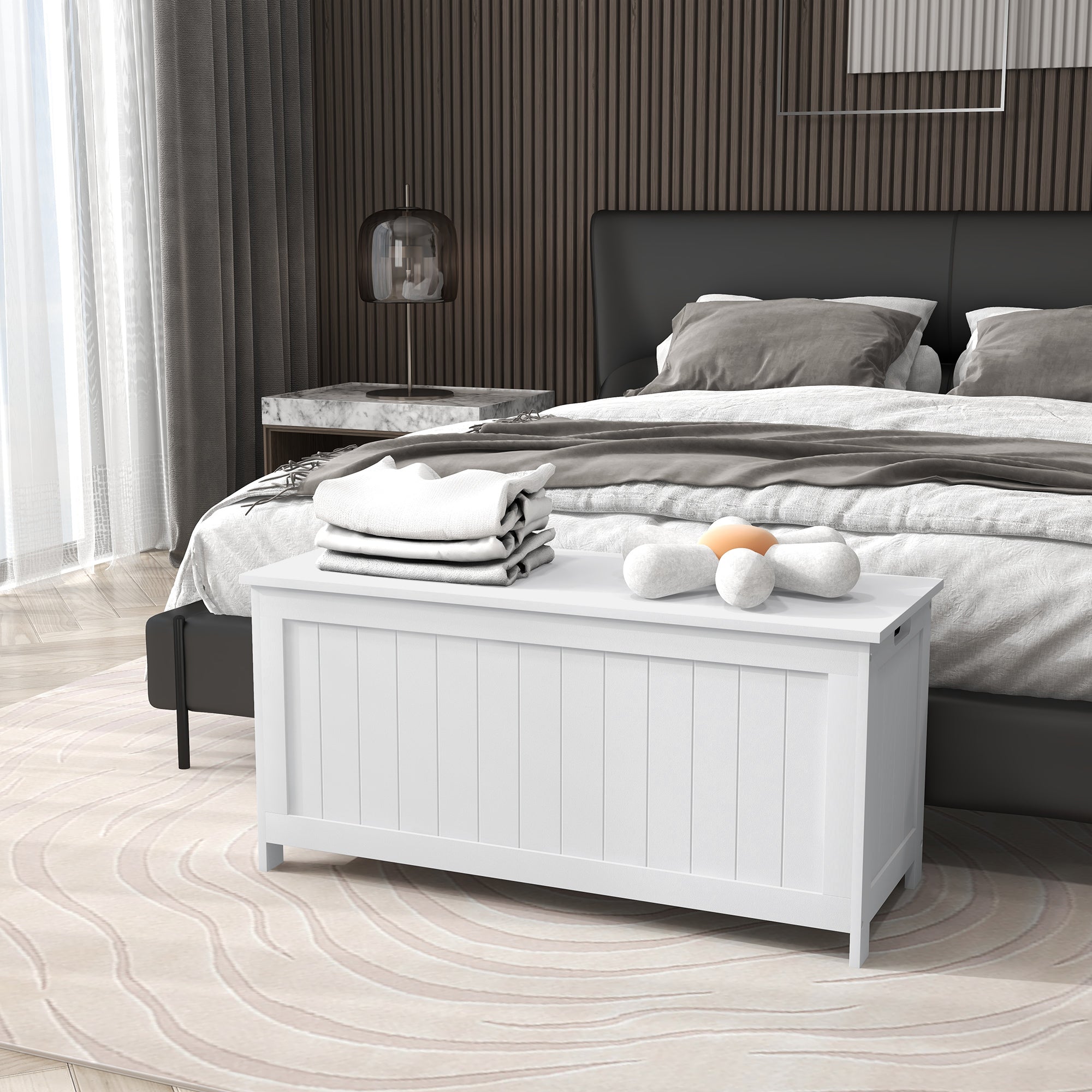 HOMCOM Modern Storage Chest Bench with Safety Hinges Entryway Toy Chest White with Side Handles for Living Room Playroom 