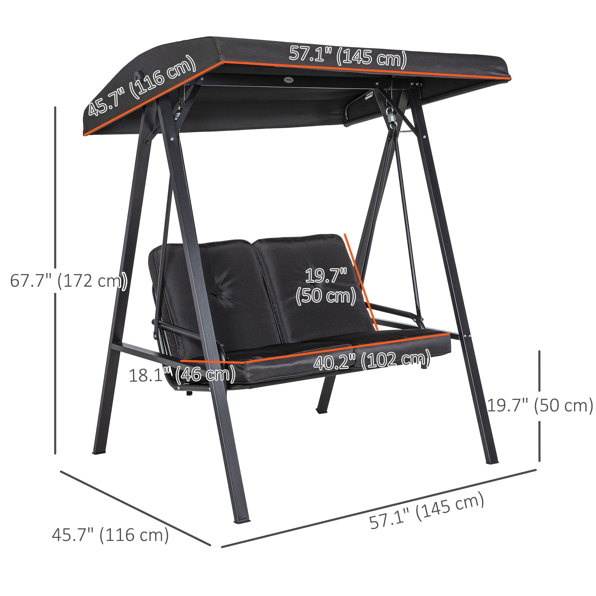 Outsunny Outdoor Porch Swing 2-Seater with Adjustable Canopy, Comfortable Patio Swing Chair for Garden, Poolside, Backyard in Black 