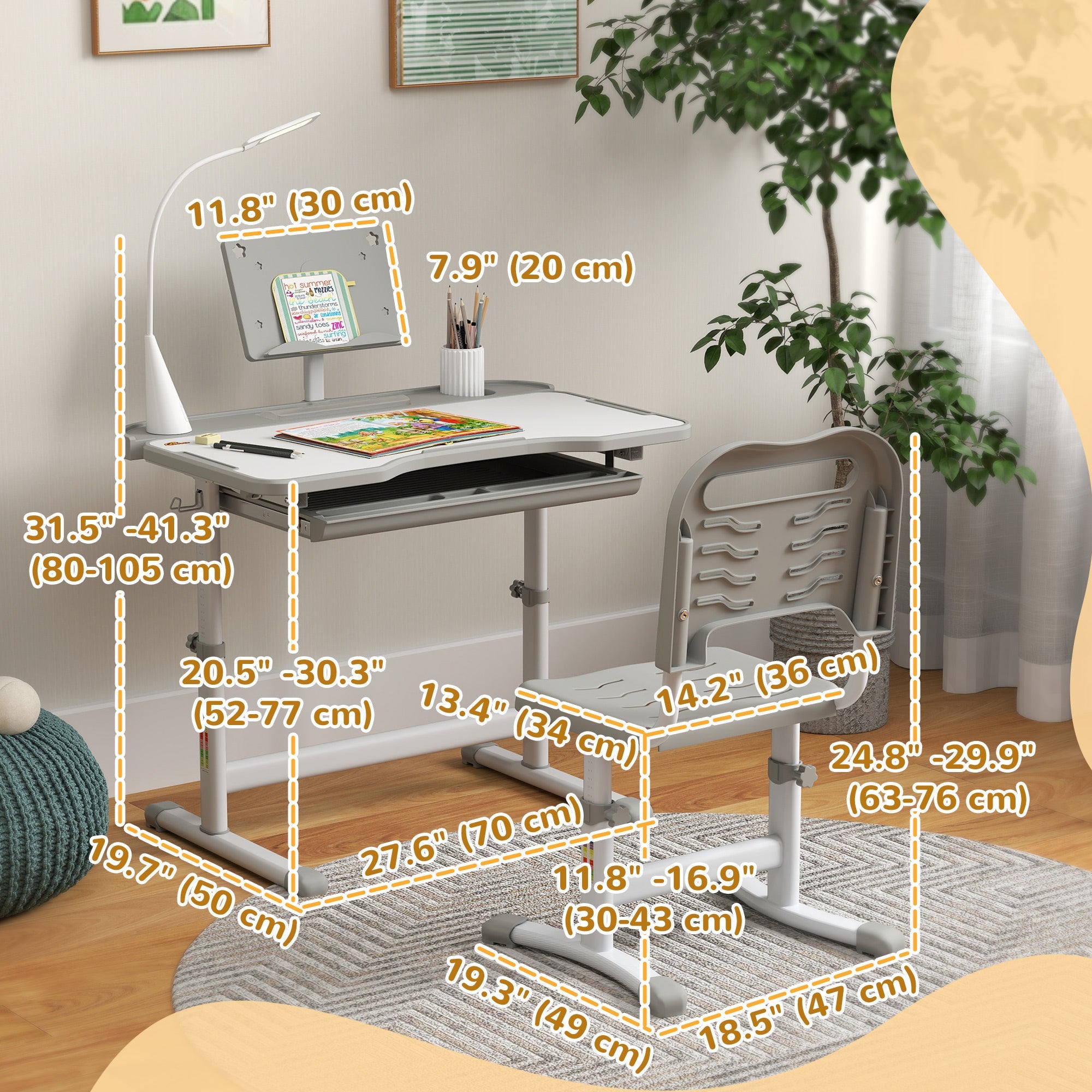Qaba Kids Desk and Chair Set Height Adjustable Student Writing Desk Children School Study Table with Tilt Desktop, Grey 