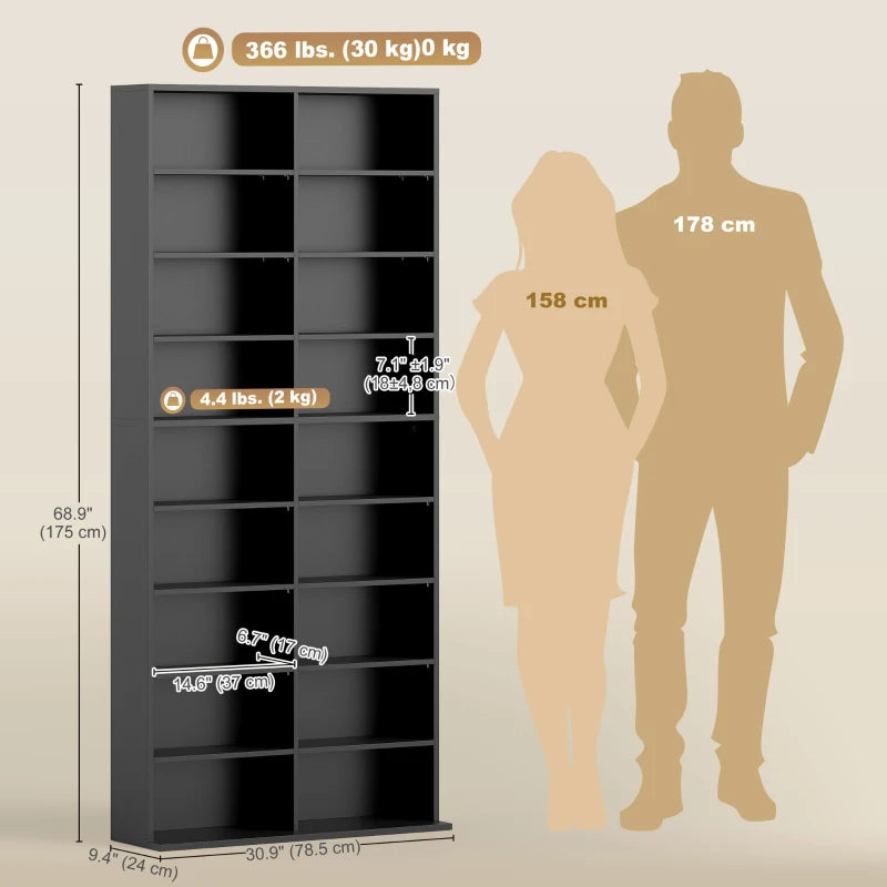 9-Tier DVD Shelf with 18 Compartments and 14 Adjustable Shelves, Holds 640 CDs, 360 DVDs or 430 Blu-rays, Black