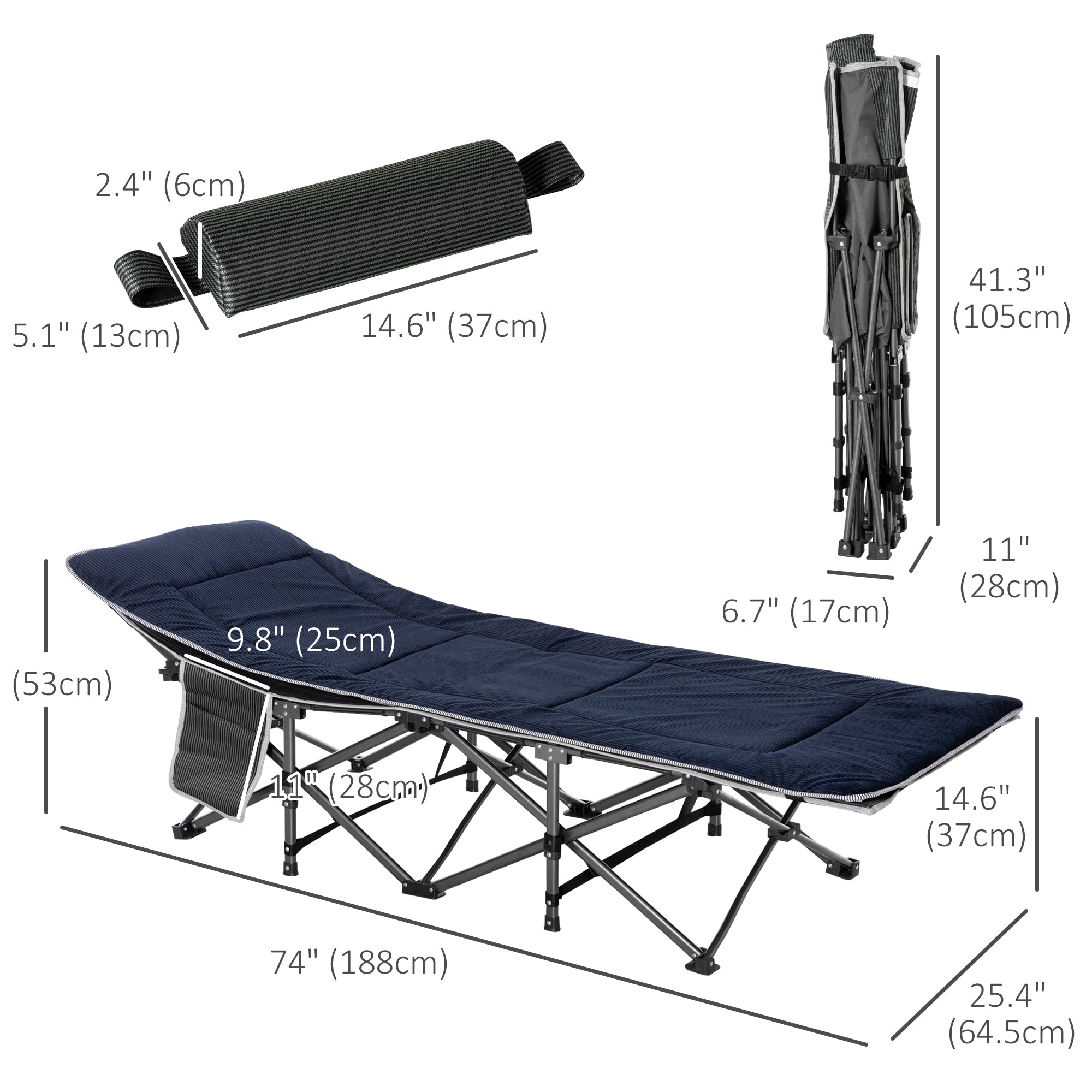 Outsunny Folding Camping Cot with Mattress Pillow Double Layer Oxford Heavy Duty Sleeping Cot Carry Bag Grey Blue 
