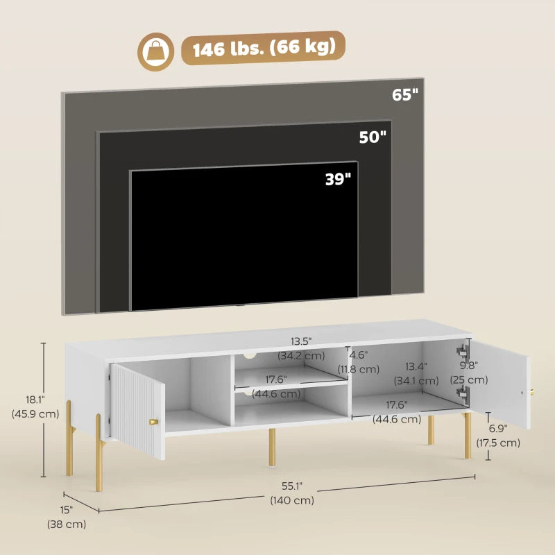 TV Stand for TVs up to 65", Entertainment Center with 2 Open Shelves, 2 Cabinets and Steel Legs for Living Room, White