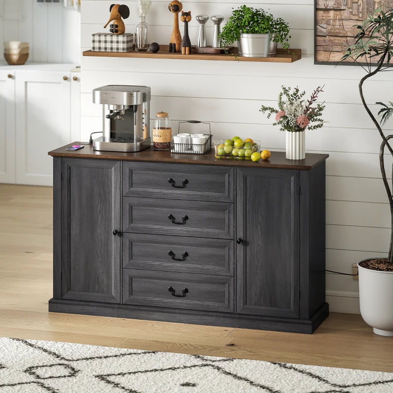 Farmhouse Sideboard with Charging Station, 58" Buffet Cabinet, Kitchen Storage Cabinet with 4 Drawers, 2 Doors, Black