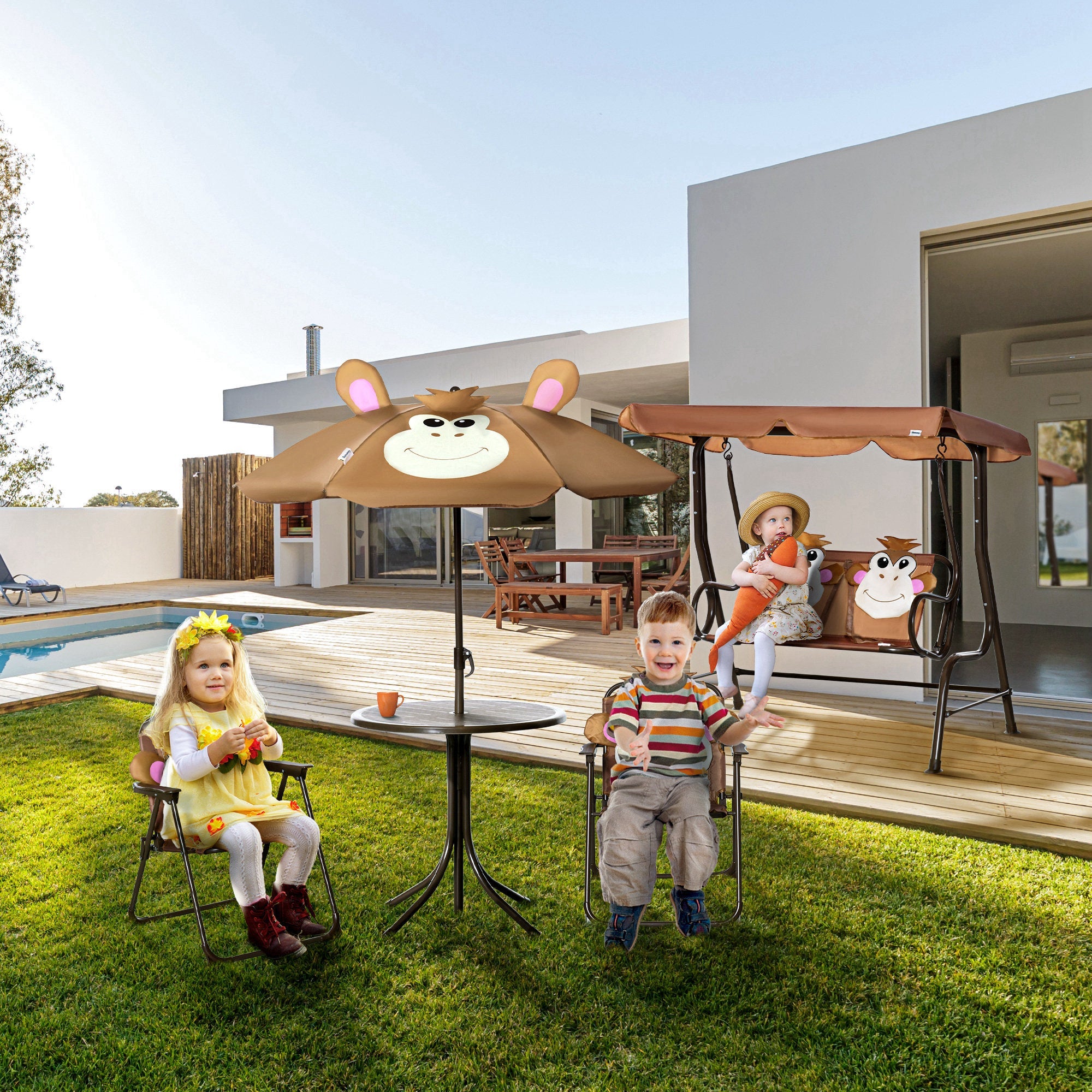 Outsunny Kids Picnic Table Chair Set Outdoor Folding Garden Furniture Adjustable Height 