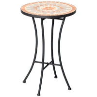 Mosaic Patio Table, Round Coffee Table with Metal Frame, Garden Furniture for Outdoor, Poolside, Yellow & Grey