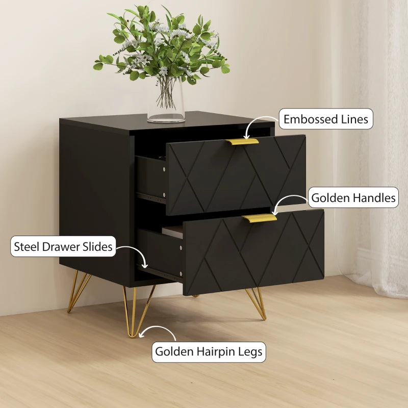 Modern Bedside Table, Accent Nightstand with 2 Drawers, Bed End Table for Bedroom, Black