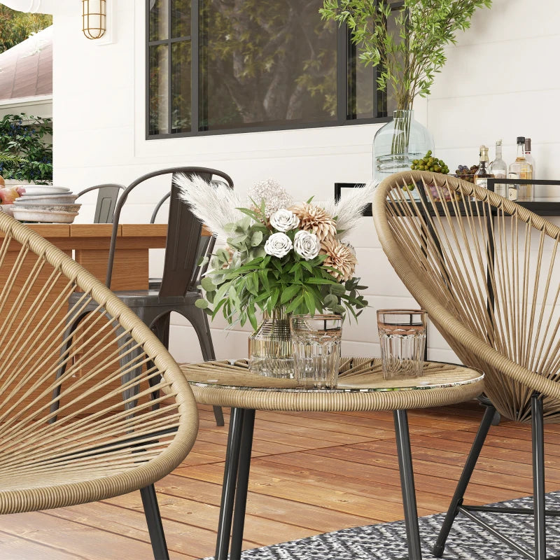 Outdoor Bistro Set, 3 Piece Wicker Patio Furniture Set with Acapulco Chairs and Glass-Top Table, Natural Wood