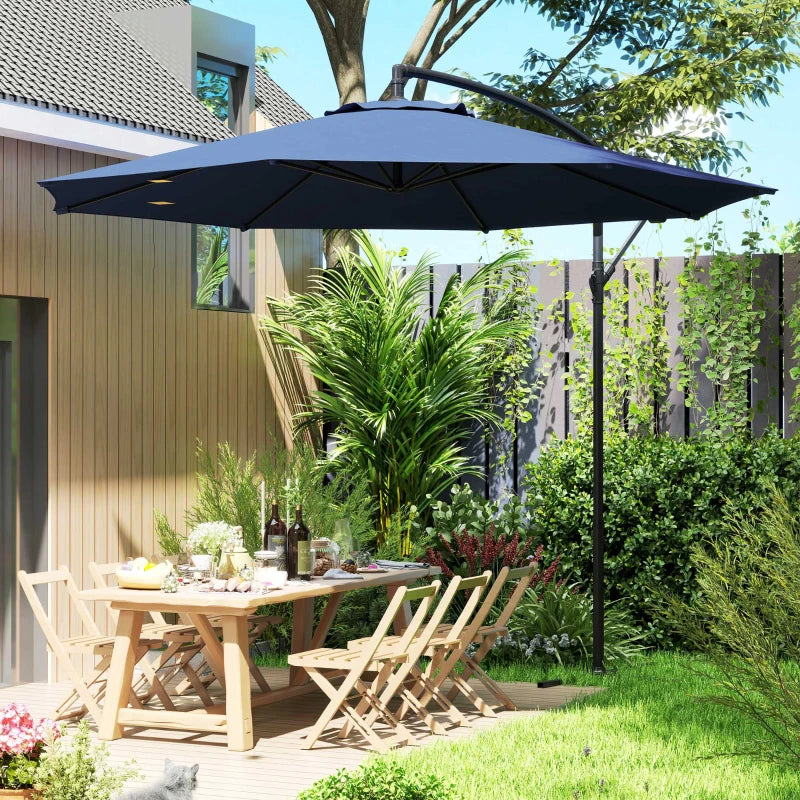 9.7ft Offset Patio UmbrellaCantilever Parasol with Crank Handle, 8 Ribs and Cross Base for Outdoor, Sun Shade, Blue