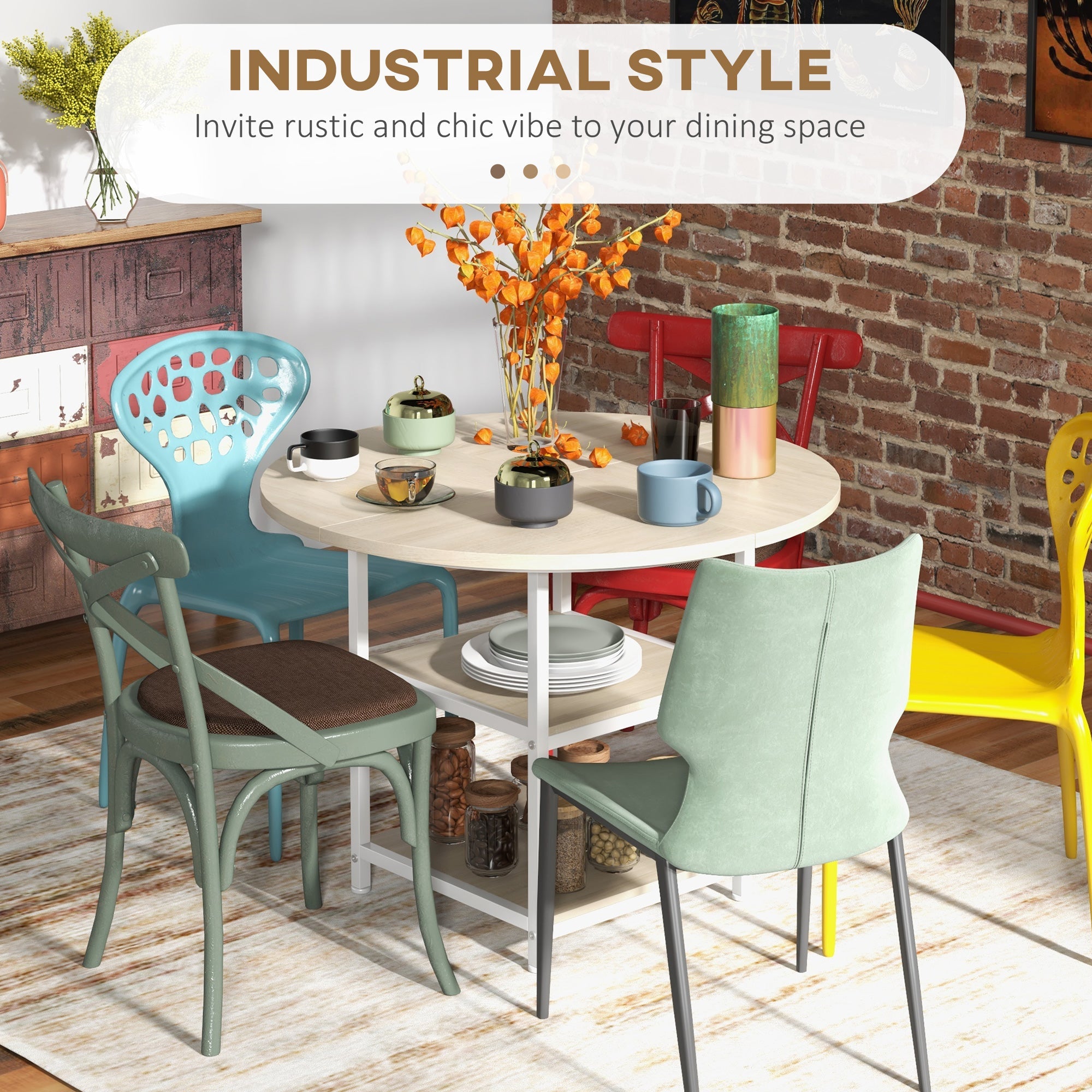HOMCOM Round Kitchen Table for 4-6 People, 39.4 Inch Industrial Dining Table with Storage Shelves, Oak 