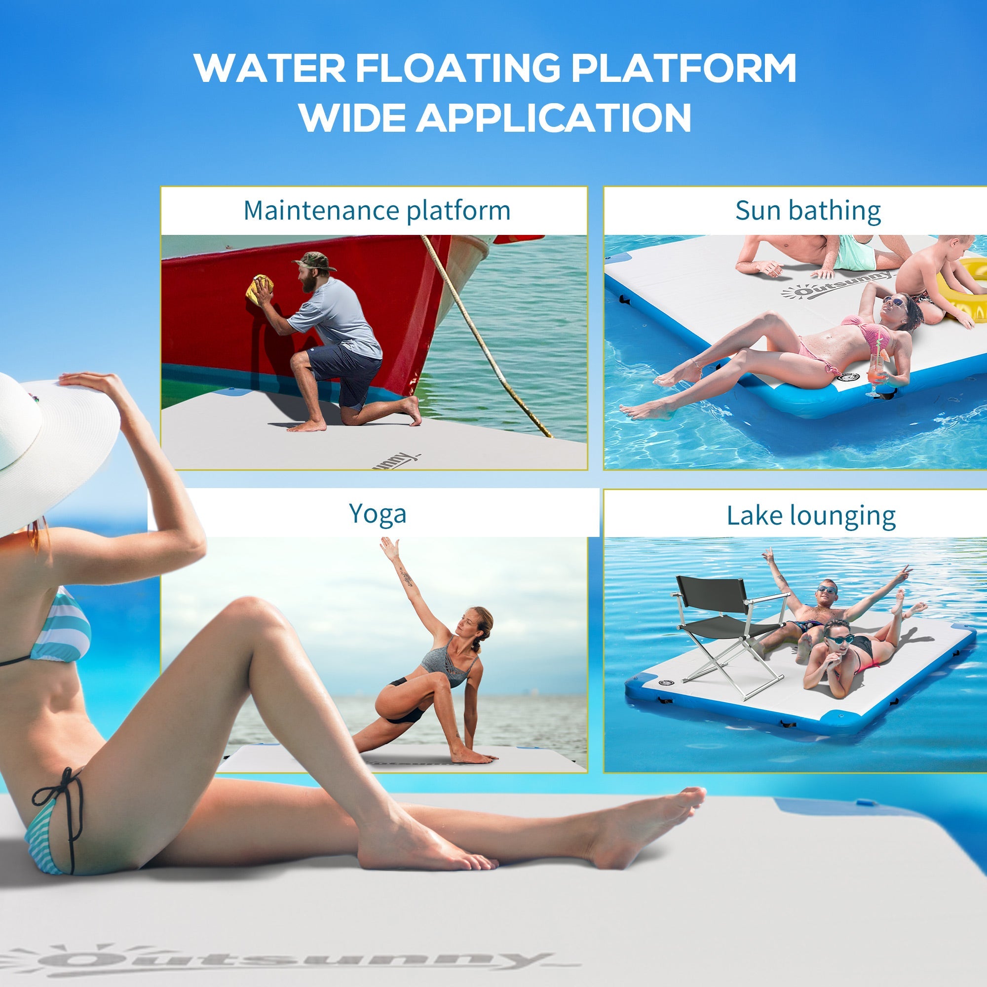Outsunny 8' x 6' Water Floating Dock, Rafting Inflatable Island with Air Pump and Backpack for Pool, Beach, Ocean, Blue 