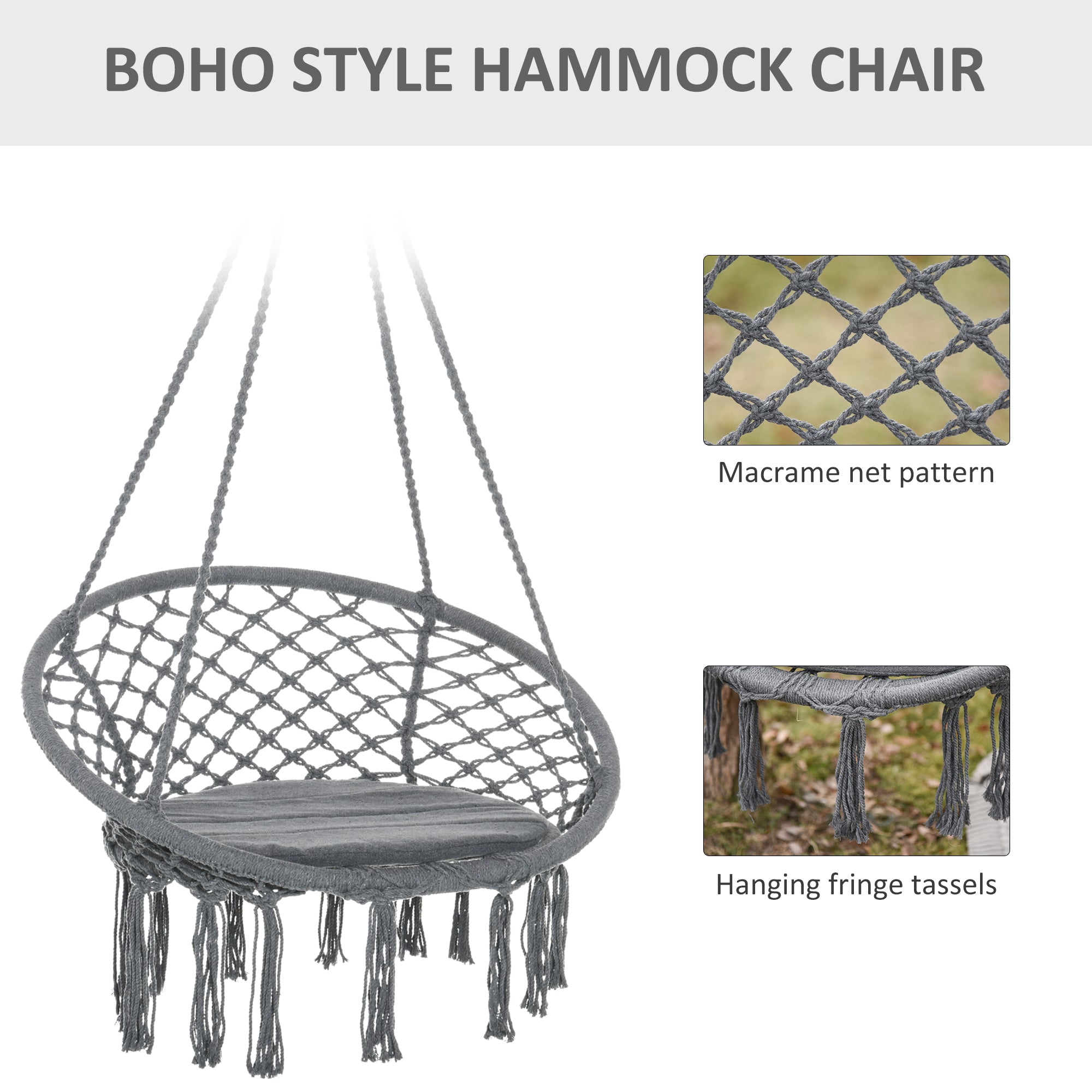 Outsunny Patio Hammock Chair, Hanging Rope Hammock Swing for Indoor & Outdoor Use with Backrest, Cotton-Polyester Blend, Fringe Tassels, Dark Grey 