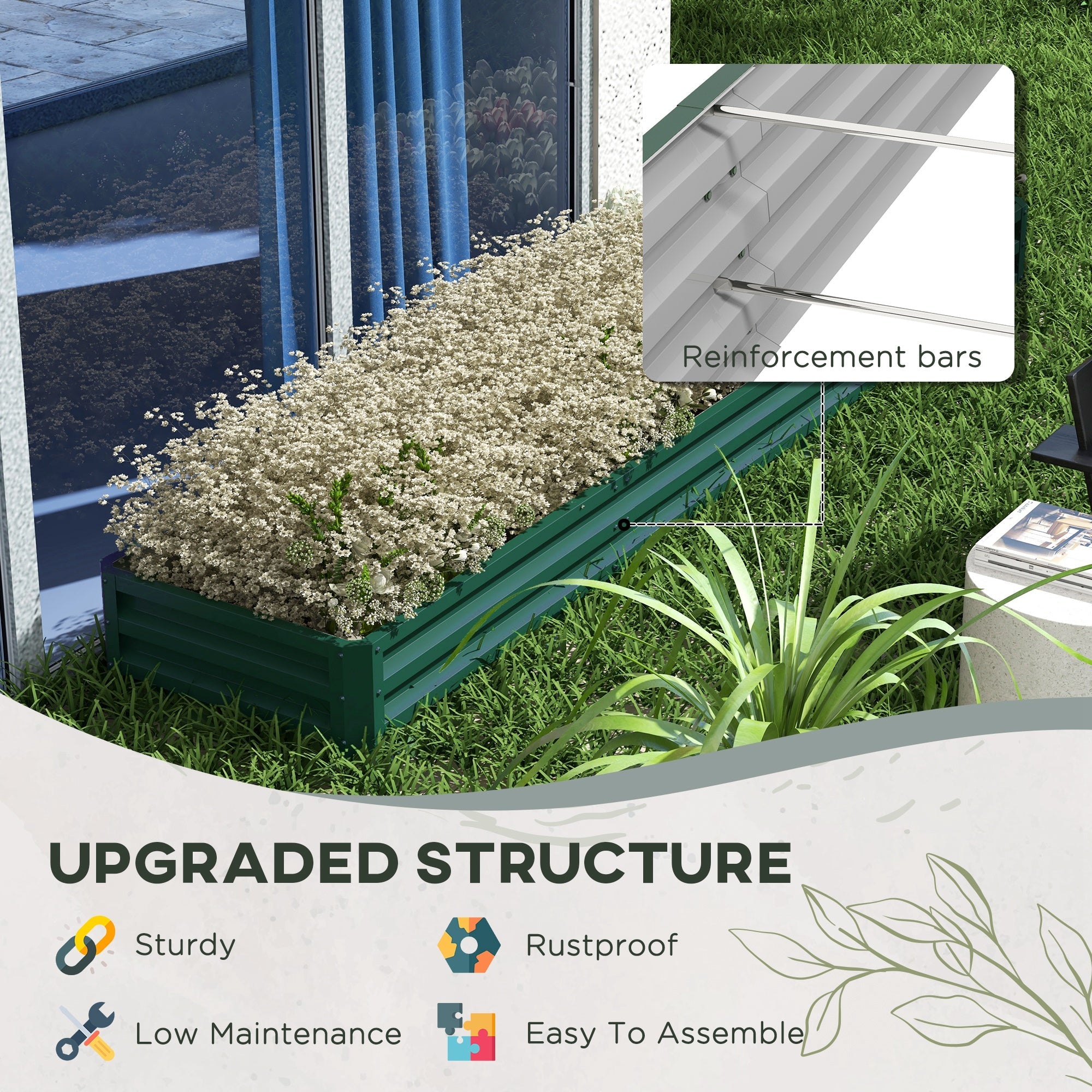 Outsunny Galvanized Raised Garden Bed Steel Planter Box with Rods for Vegetables Flowers Herbs 82" x 109" x 12" Green 