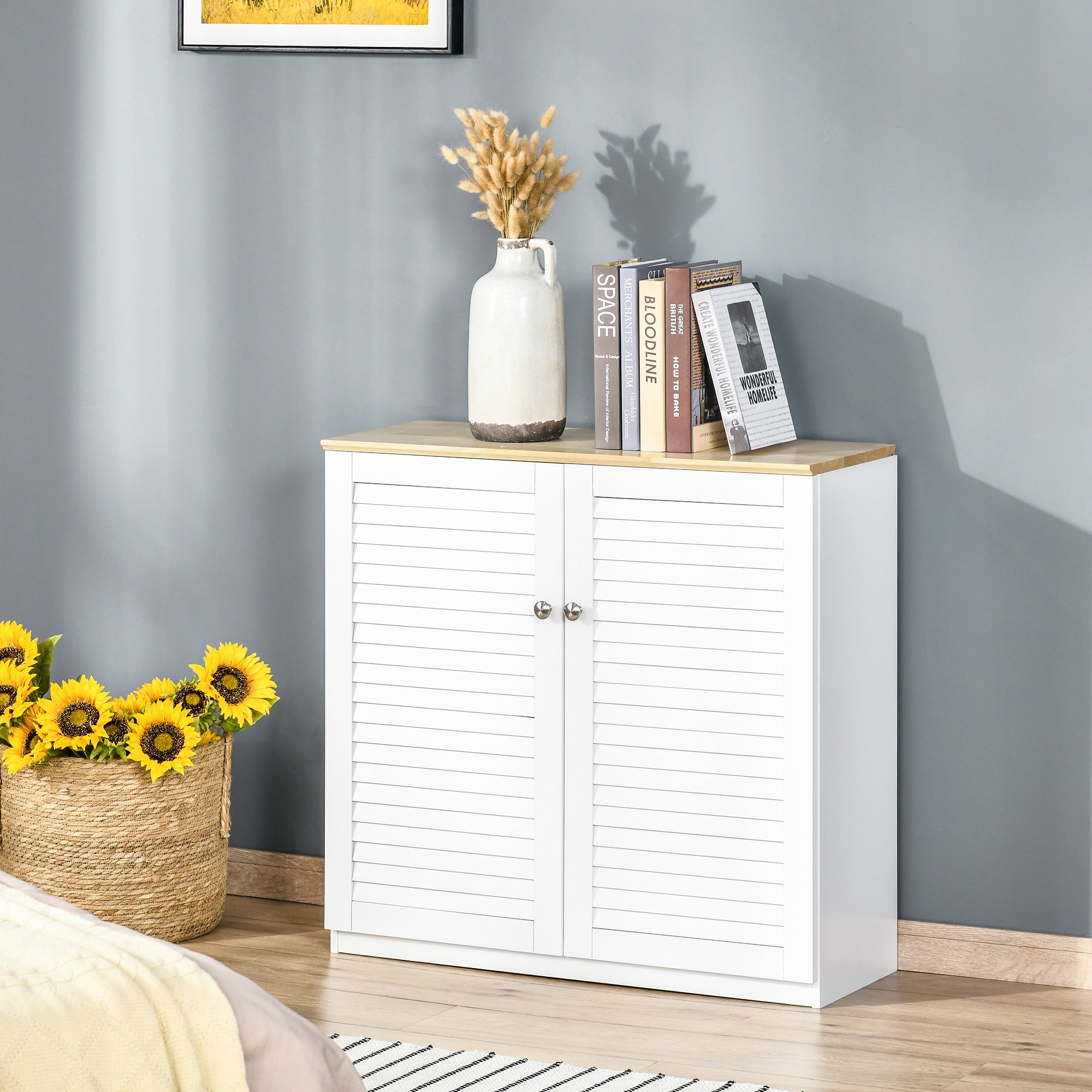 HOMCOM Bathroom Bliss: Freestanding Kitchen Sideboard Storage Cabinet with Louvered Doors, White Organizer 