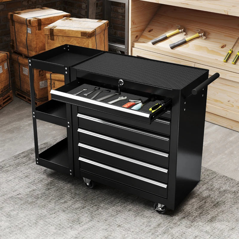 7-Drawer Rolling Tool Chest with Detachable Side Shelf, Lockable Tool Cabinet Box Organizer with Wheels, Black
