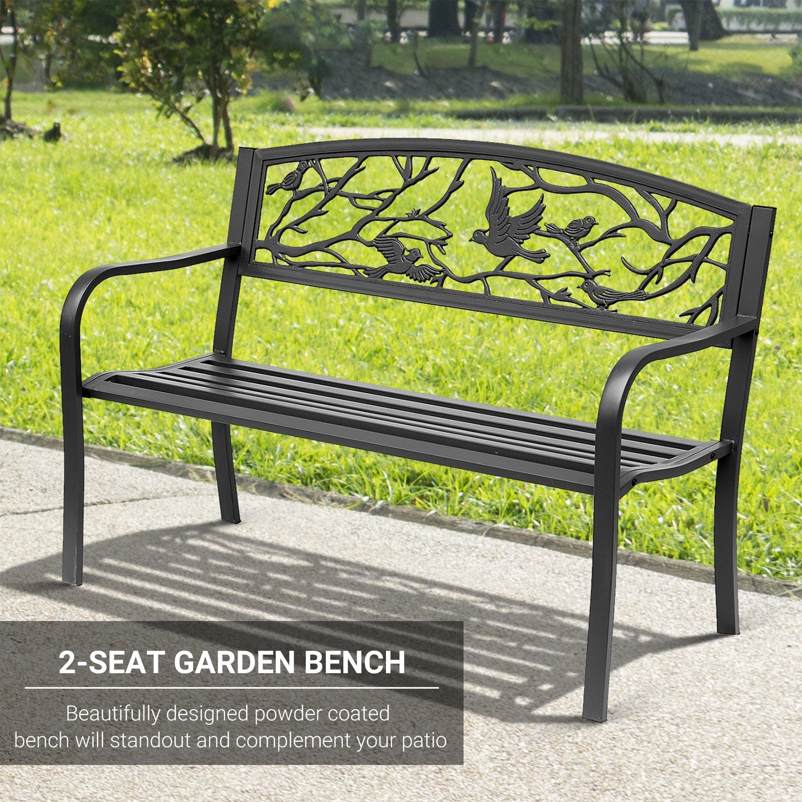 Outsunny Vintage Garden Bench Outdoor Loveseat Bird Pattern Durable Black Seating 